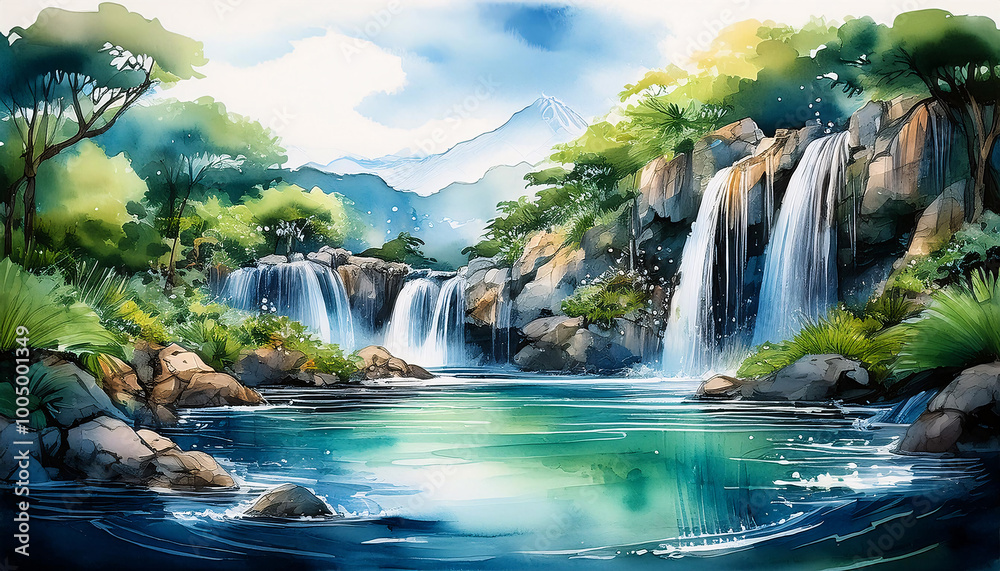 Waterfall landscape digital art with vibrant colors and serene nature Waterfall landscape digital art with vibrant colors and serene nature