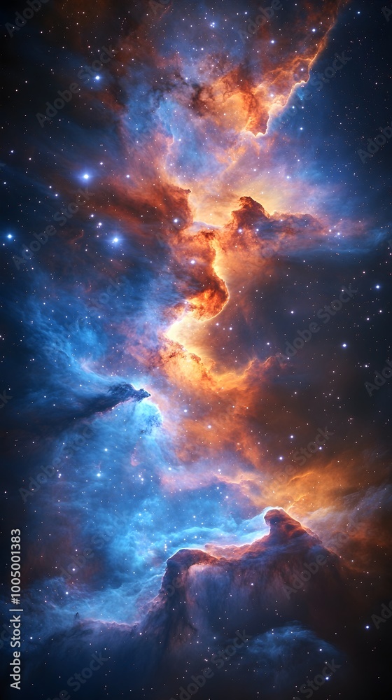 A vibrant nebula in space with swirling clouds of gas and dust in shades of blue and orange, illuminated by distant stars. A vibrant nebula in space with swirling clouds of gas and dust in shades of blue and orange, illuminated by distant stars.