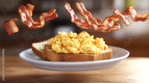 Scrambled eggs on toast with crispy bacon floating above create delicious breakfast scene. vibrant colors and textures evoke sense of warmth and satisfaction