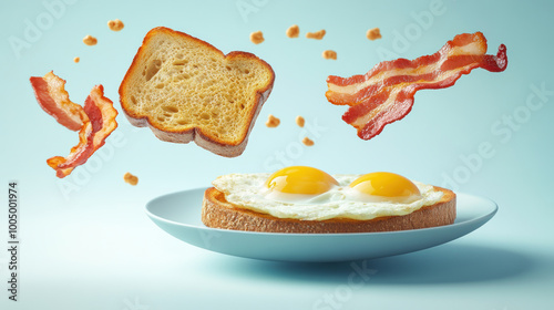 floating plate of scrambled eggs with toast and crispy bacon creates delightful breakfast scene. vibrant colors and playful arrangement evoke sense of joy and appetite