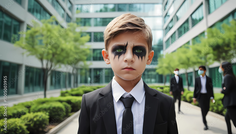 person in front of a building, portrait of child, executive with painted face, halloween, created with generative A.I