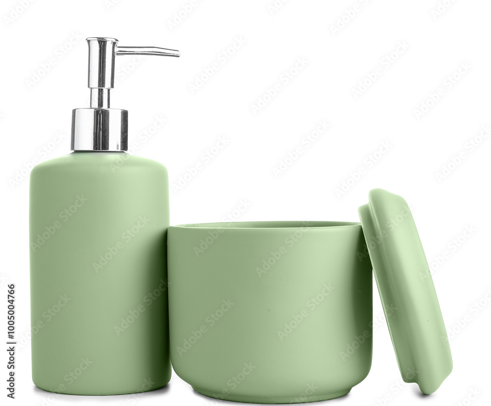 Jar for bathroom accessories with soap dispenser on white background Jar for bathroom accessories with soap dispenser on white background