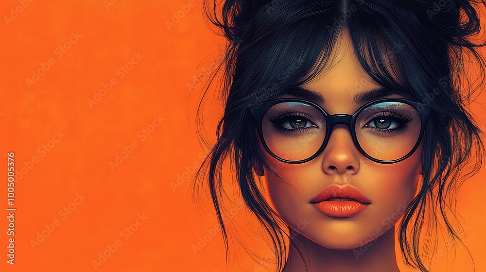 Digital portrait of a woman with glasses and dark hair on a vibrant orange background Digital portrait of a woman with glasses and dark hair on a vibrant orange background