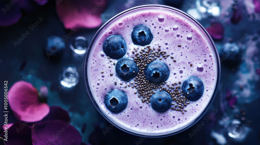 vibrant smoothie made with coconut milk and fresh blueberries, topped with additional blueberries and seeds, surrounded by rose petals, creates refreshing and visually appealing drink vibrant smoothie made with coconut milk and fresh blueberries, topped with additional blueberries and seeds, surrounded by rose petals, creates refreshing and visually appealing drink