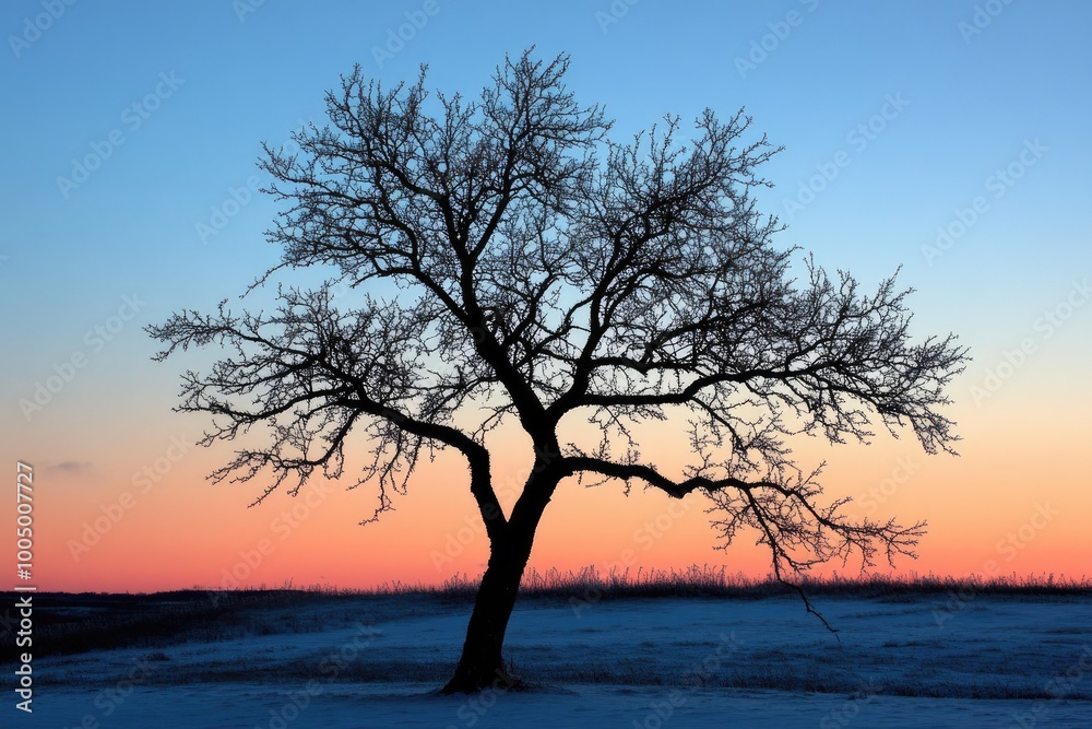 Silhouette of a bare tree against a pink and blue sky Silhouette of a bare tree against a pink and blue sky