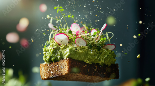 floating toast topped with smashed avocado, radishes, and fresh microgreens creates vibrant and appetizing scene. colorful ingredients and dynamic presentation evoke sense of freshness and photo