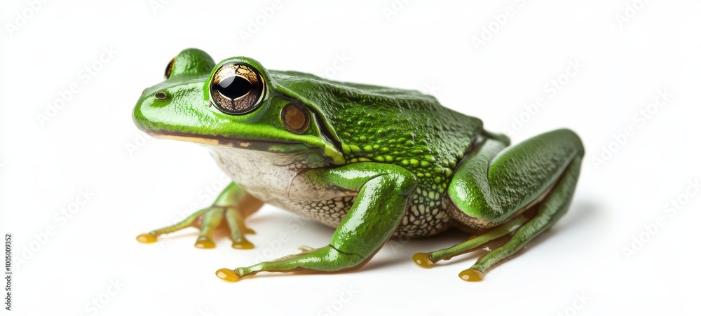 Fototapeta premium A vibrant green frog poised on a white background