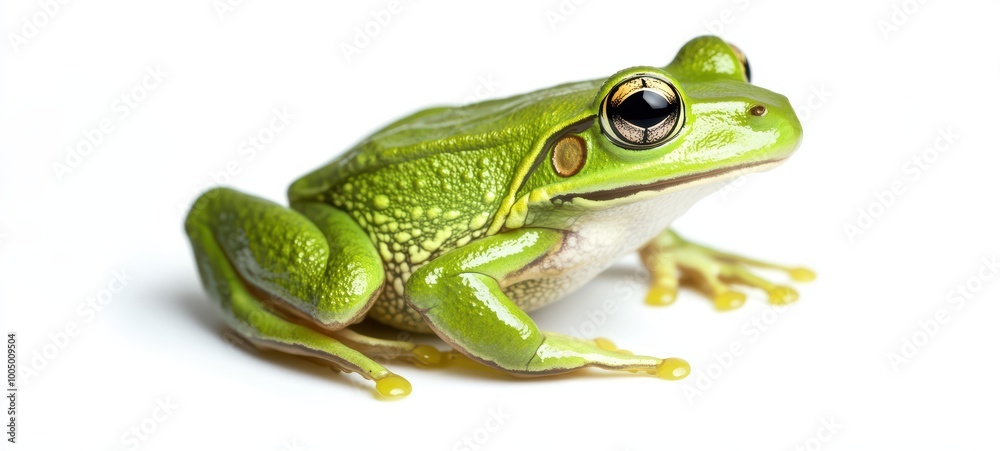 Obraz premium A vibrant green frog poised on a white background