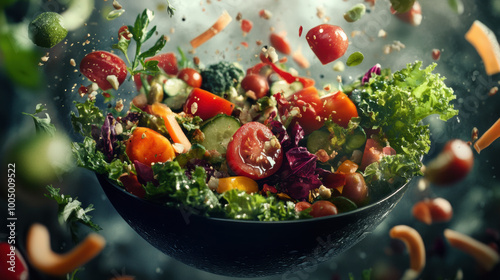 vibrant salad with colorful vegetables and leafy greens, showcasing mix of fresh ingredients like tomatoes, cucumbers, and herbs, creating lively and appetizing scene