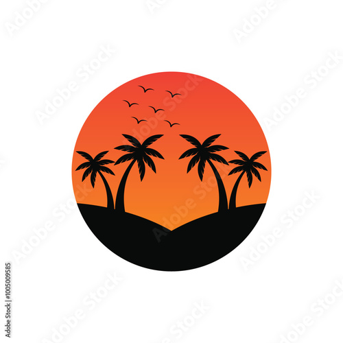 summer beach sunset logo design concept idea with palm tree