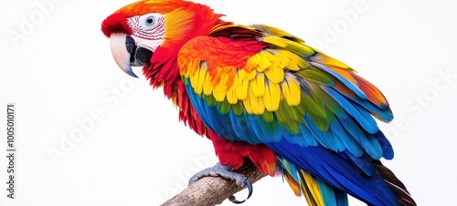 A vibrant parrot perched on a branch, with its bright, multicolored feathers standing out vividly against a white backdrop