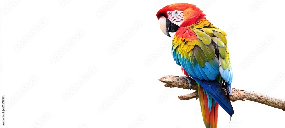 A vibrant parrot perched on a branch, with its bright, multicolored feathers standing out vividly against a white backdrop