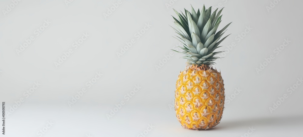 A whole pineapple with its spiky leaves and textured skin, positioned against a clean white backdrop A whole pineapple with its spiky leaves and textured skin, positioned against a clean white backdrop