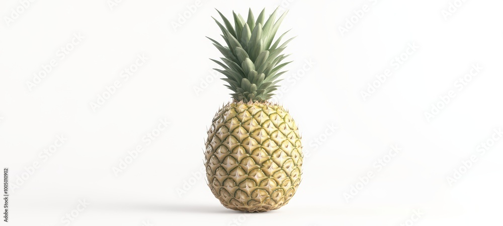A whole pineapple with its spiky leaves and textured skin, positioned against a clean white backdrop A whole pineapple with its spiky leaves and textured skin, positioned against a clean white backdrop