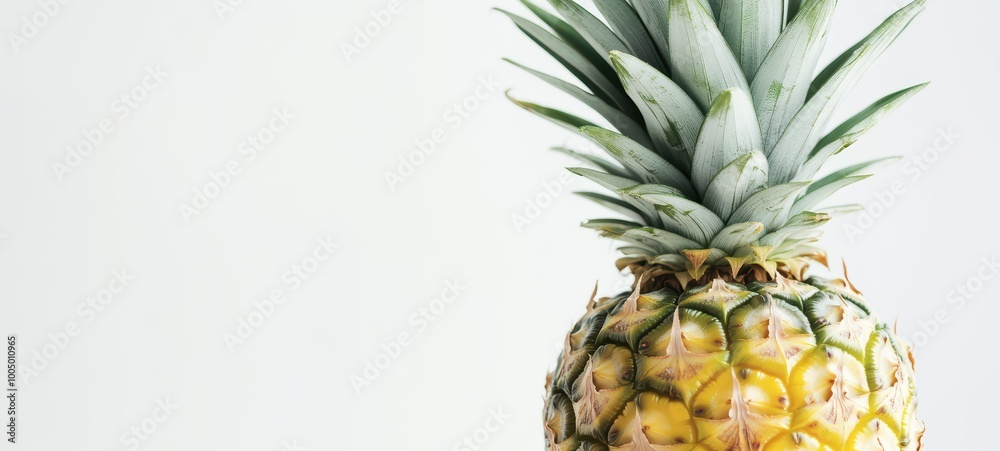 A whole pineapple with its spiky leaves and textured skin, positioned against a clean white backdrop A whole pineapple with its spiky leaves and textured skin, positioned against a clean white backdrop