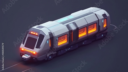 Futuristic train with glowing windows and lights on a dark asphalt road.