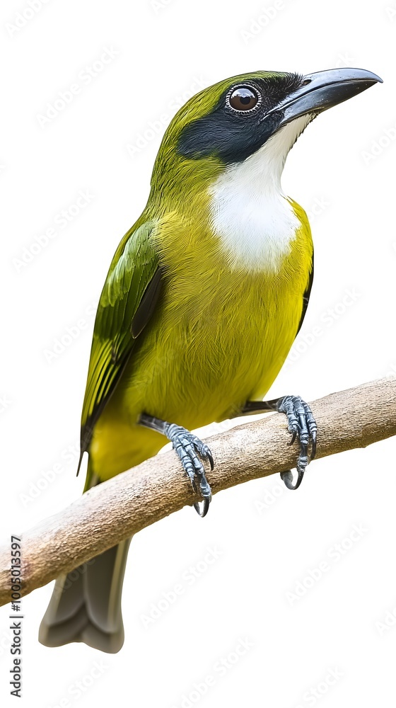 Fototapeta premium Bare-throated Bellbird Perched on a Branch on a White Background, Photo Realistic, Wallpaper, Cover and Screen for Smartphone, PC, Laptop, 9:16 and 16:9 Format