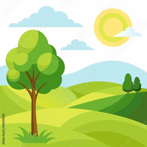 sunny meadow with rolling hills and a single tree