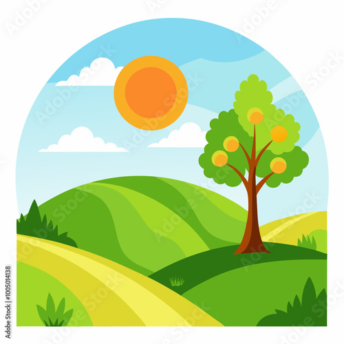 sunny meadow with rolling hills and a single tree