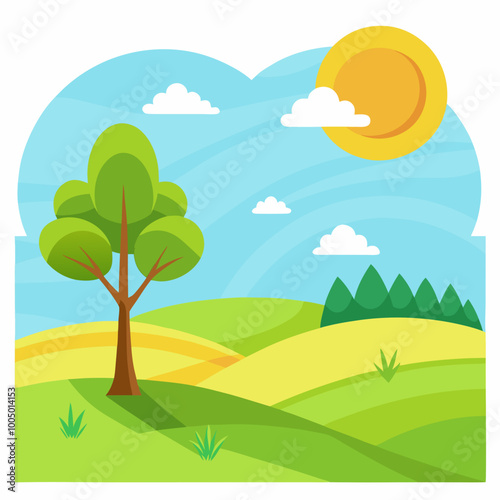 sunny meadow with rolling hills and a single tree
