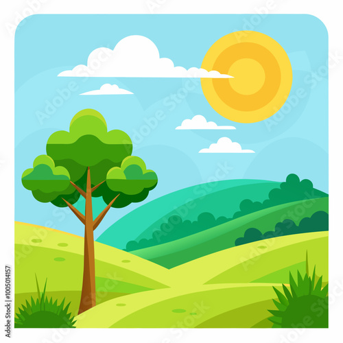 sunny meadow with rolling hills and a single tree