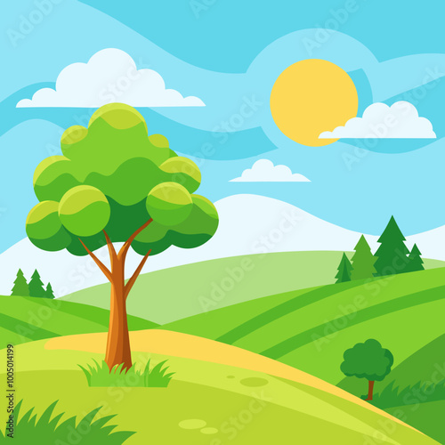 sunny meadow with rolling hills and a single tree