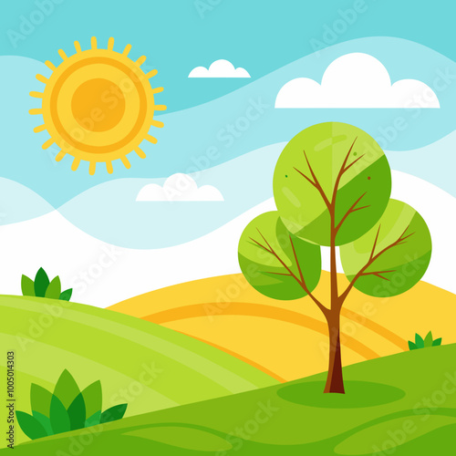 sunny meadow with rolling hills and a single tree