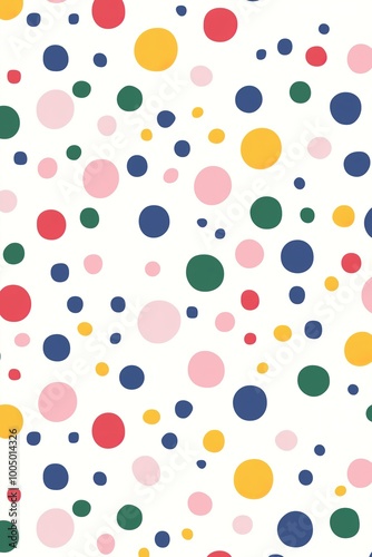 Colorful polka dots pattern in various sizes on a white background, featuring red, yellow, blue, green, and pink dots.