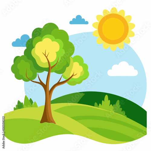 sunny meadow with rolling hills and a single tree