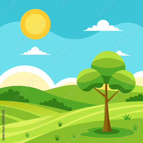 sunny meadow with rolling hills and a single tree