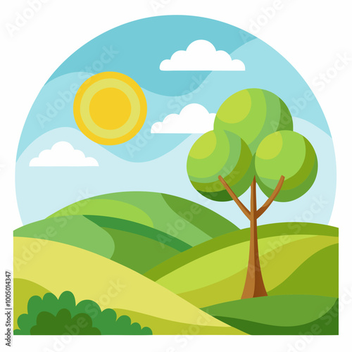 sunny meadow with rolling hills and a single tree