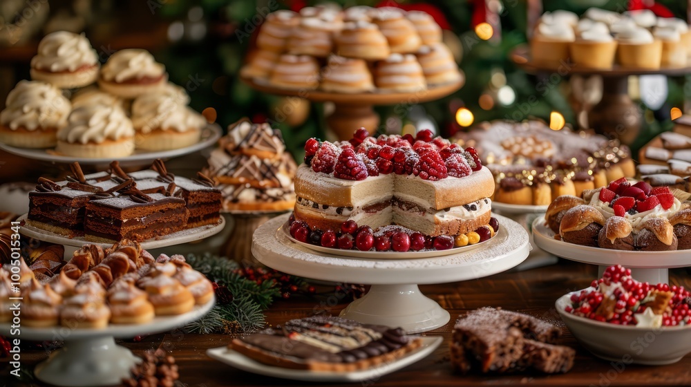 A table set with a variety of cakes and desserts A table set with a variety of cakes and desserts