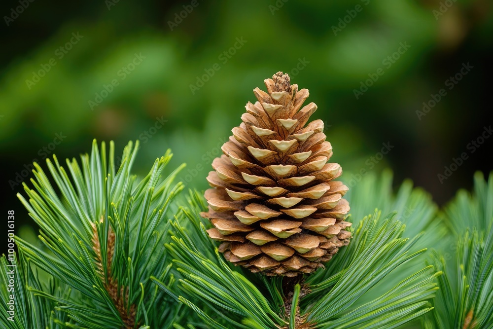 Fototapeta premium A Closed Pine Cone Nestled Among Green Needles