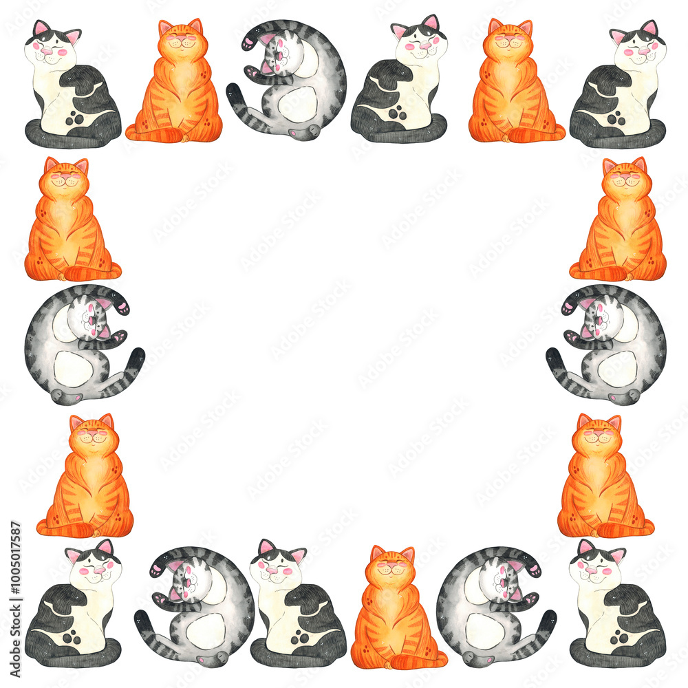 Square frame made of cats. Hand drawn watercolor illustration. Drawing ...