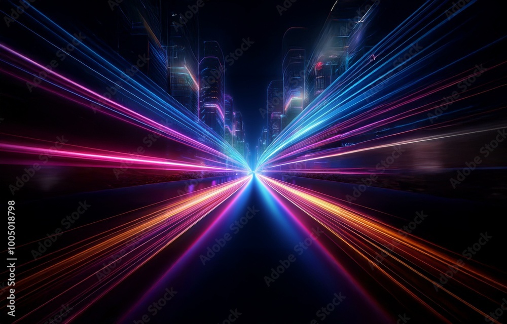 Abstract image of a city street at night, with colorful light streaks converging toward the center. Abstract image of a city street at night, with colorful light streaks converging toward the center.