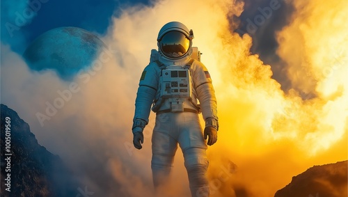 A lone astronaut stands in a colorful cloud, with vivid blue and orange smoke swirling around, while the moon looms softly in the ethereal sky above.
