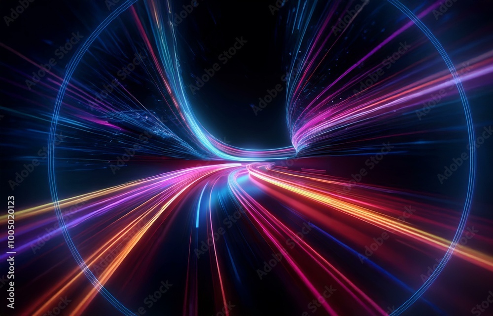 Abstract background with bright, colorful light streaks and a circular glow in the center. Abstract background with bright, colorful light streaks and a circular glow in the center.