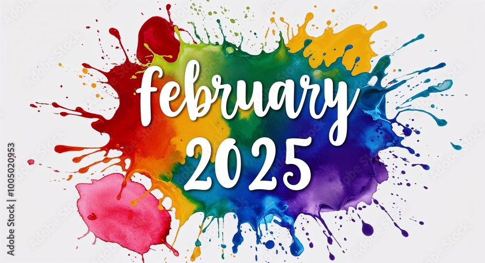 Obraz premium february 2025 word lettering on colorful paint watercolor splash on plain white background