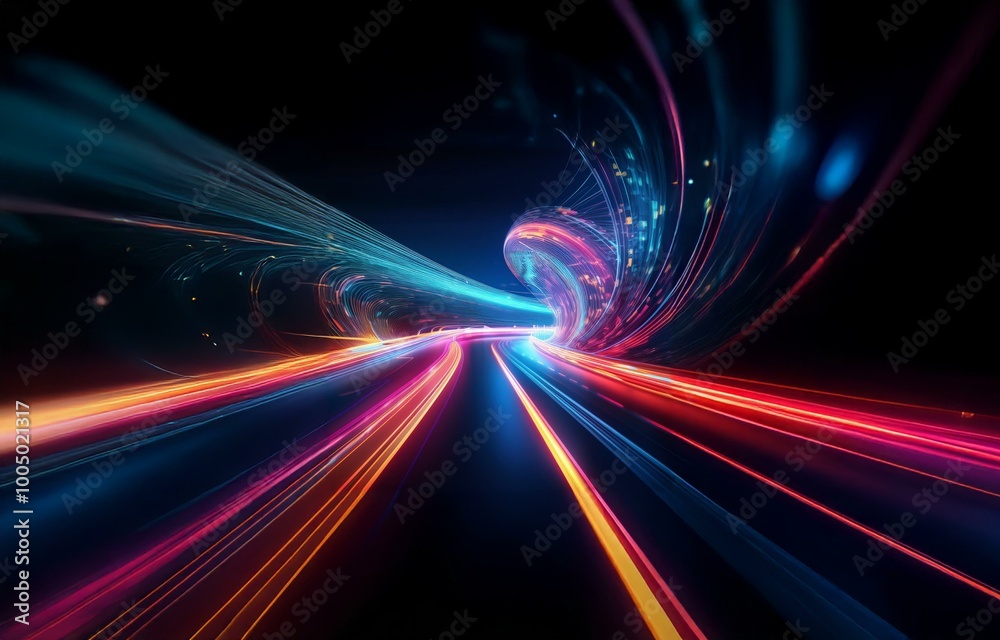 Abstract light trails forming a tunnel against a dark background. Abstract light trails forming a tunnel against a dark background.