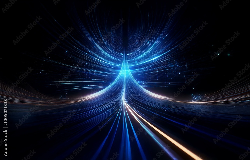 Abstract blue and white lines converge in a glowing, futuristic, digital landscape. Abstract blue and white lines converge in a glowing, futuristic, digital landscape.