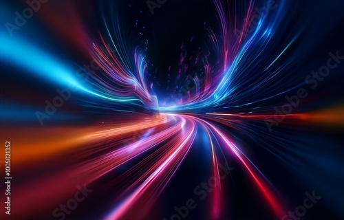 Abstract digital art with dynamic, colorful light streaks radiating from a dark background.
