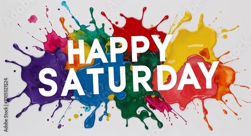 happy Saturday word lettering on colorful paint watercolor splash on plain white background