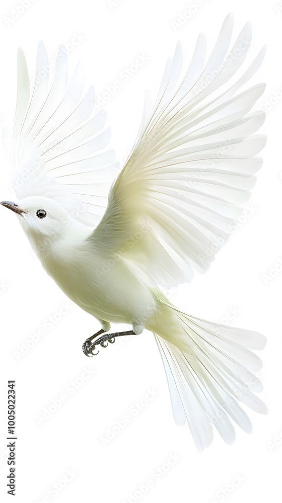 Fototapeta premium Bare-throated Bellbird Flying on White Background, Photo Realistic, Wallpaper, Cover and Screen for Smartphone, PC, Laptop, 9:16 and 16:9 Format