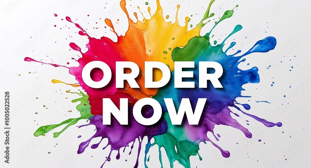 Fototapeta premium Order now word lettering on colorful paint watercolor splash on plain white background