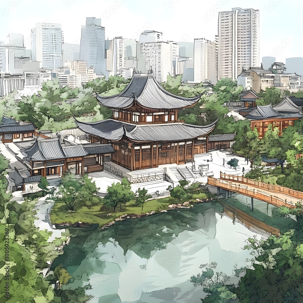 An illustration of a traditional Chinese temple surrounded by lush greenery and a calm body of water with a bridge leading to the entrance. An illustration of a traditional Chinese temple surrounded by lush greenery and a calm body of water with a bridge leading to the entrance.