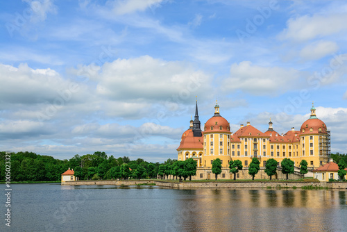 View of beautiful Moritzburg Castle with pond in Germany