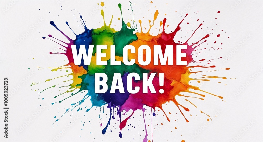 Obraz premium welcome back word lettering on colorful paint watercolor splash on plain white background
