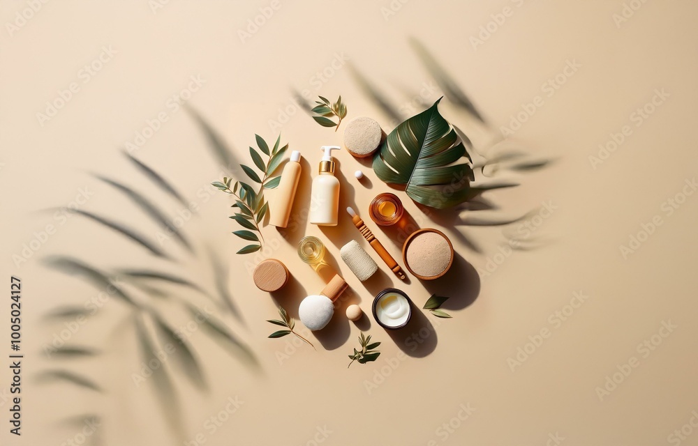 Fototapeta premium Natural beauty products, such as lotions and creams, are arranged on a neutral background with leaves and natural light.