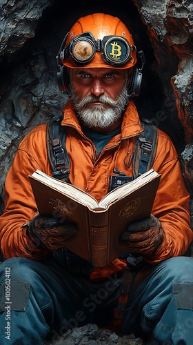 Bitcoin miner reading a book in a cave, concept of knowledge and learning in the cryptocurrency industry photo