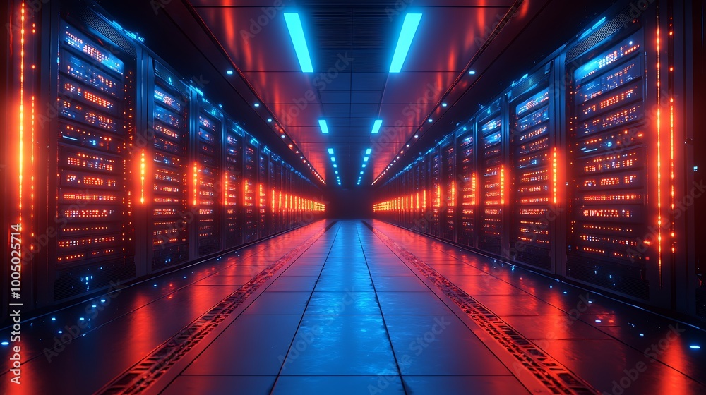 Futuristic Data Center Corridor with Red and Blue Neon Lights Futuristic Data Center Corridor with Red and Blue Neon Lights